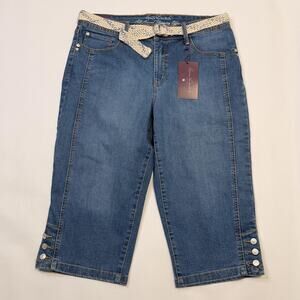 Gloria Vanderbilt Capri Jeans Womens 10 Blue Slimming Skimmer Belted Button Hem